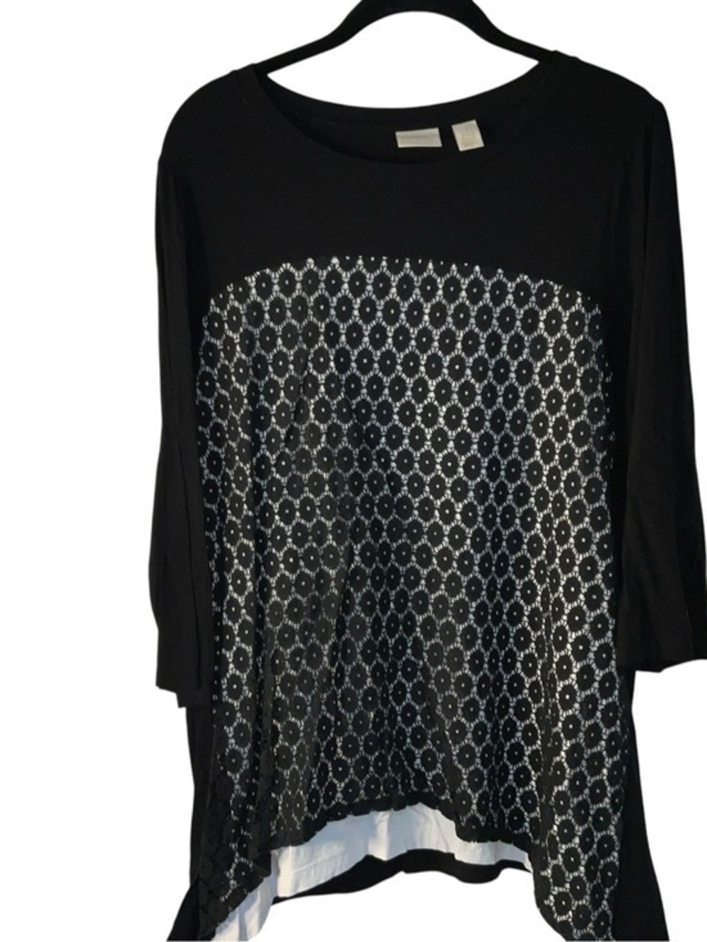 Chico's Black Patterned Layered Tunic with Cream Underlay